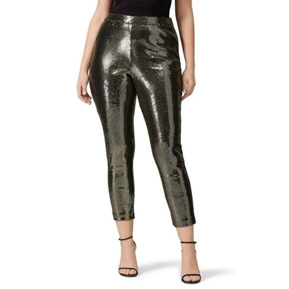 Badgley Mischka Sequin Gold Slim Fitted Stretch Sparkle Side Zip Pants size 16 - Picture 1 of 11